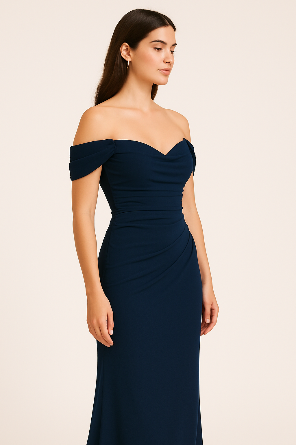 Model wearing the Madeline's Kai off-shoulder basil color gown with ruched bodice and fitted floor-length skirt.