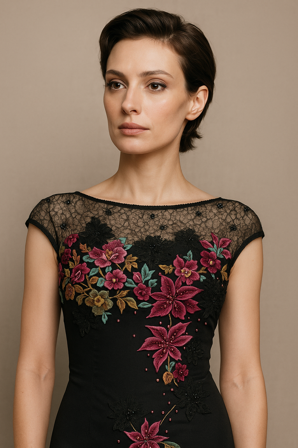 Model wearing Mandalay C80714DEB cocktail dress with embroidered floral detailing, illusion neckline, and V-back design. Close Up.
