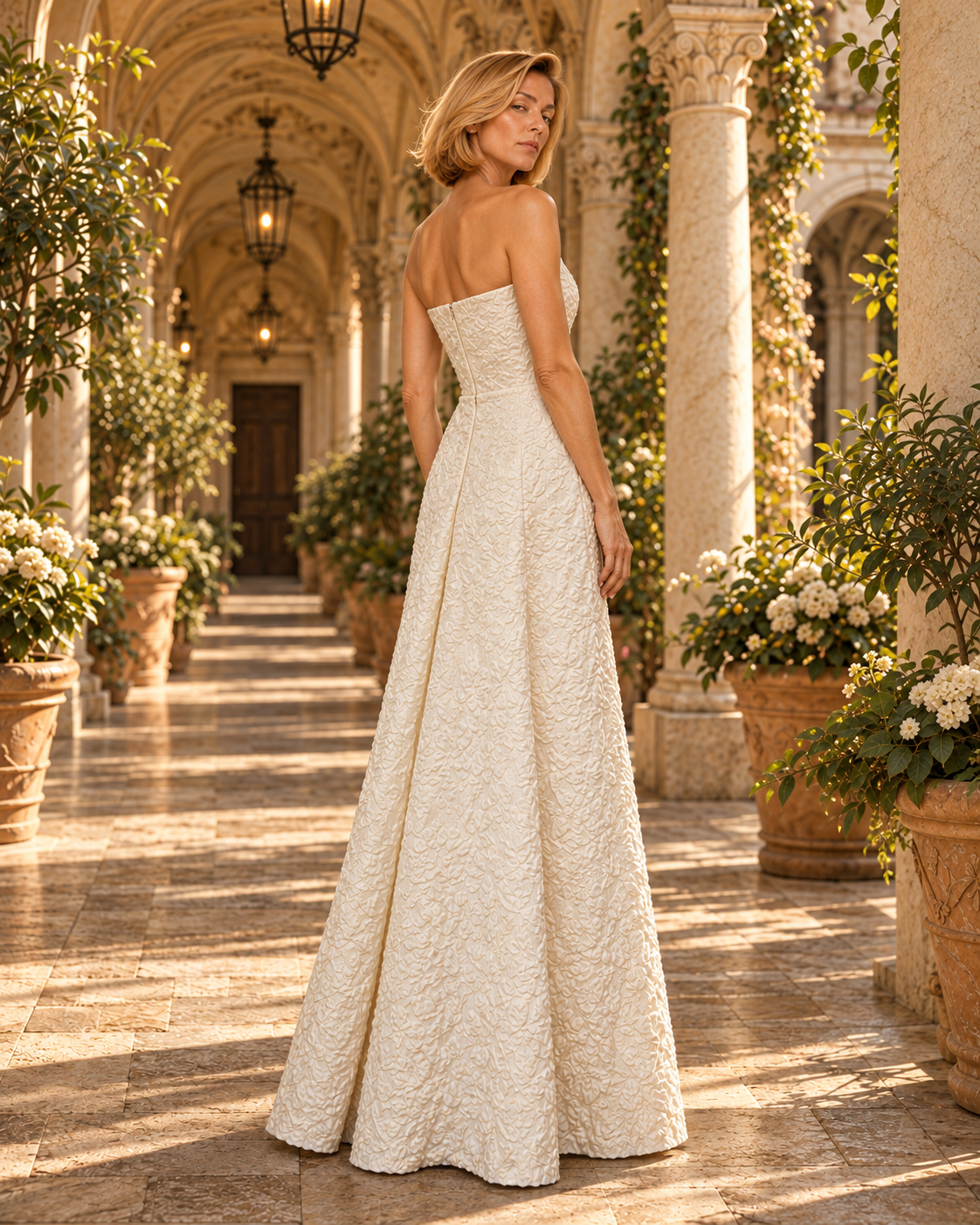 A woman stands in a sunlit stone corridor wearing a strapless ivory lace wedding gown with a fitted bodice and full flared skirt.