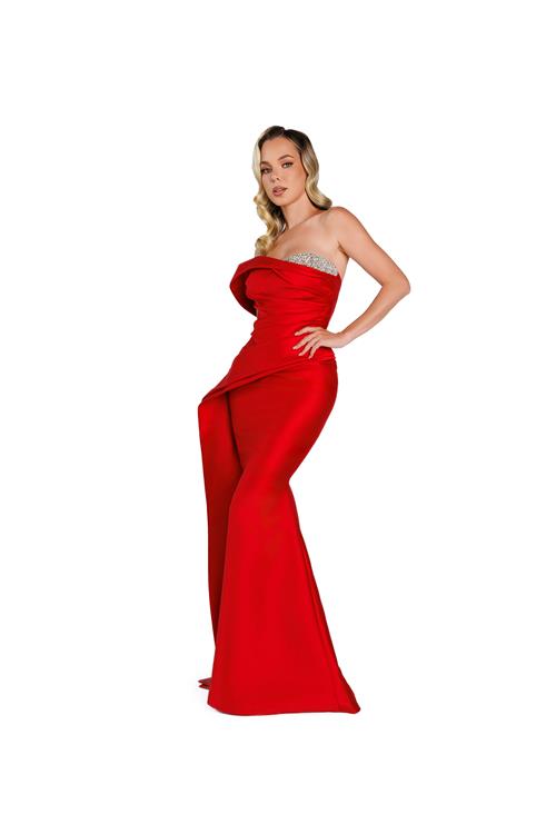 Nicole Bakti - 7419 - Asymmetrical Shoulder Overlay Taffeta Gown