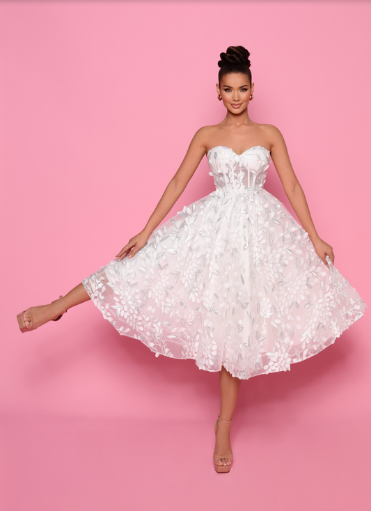 Nicoletta NP145 Sweetheart Corset Evening Gown - Sweetheart neckline with corset-style bodice adorned with 3D lace appliqué.