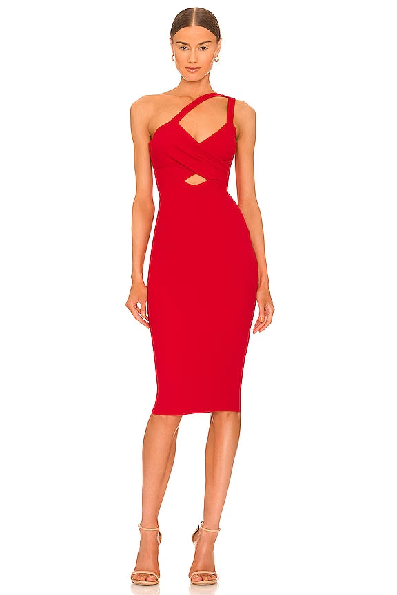 NOOKIE COCO MIDI Asymmetric Keyhole Cut-Out Dress - A modern and elegant asymmetric midi dress with double straps, a wrap detail at the center bust, and a gorgeous keyhole cut-out detail, perfect for New Year's Eve parties and cocktail events.