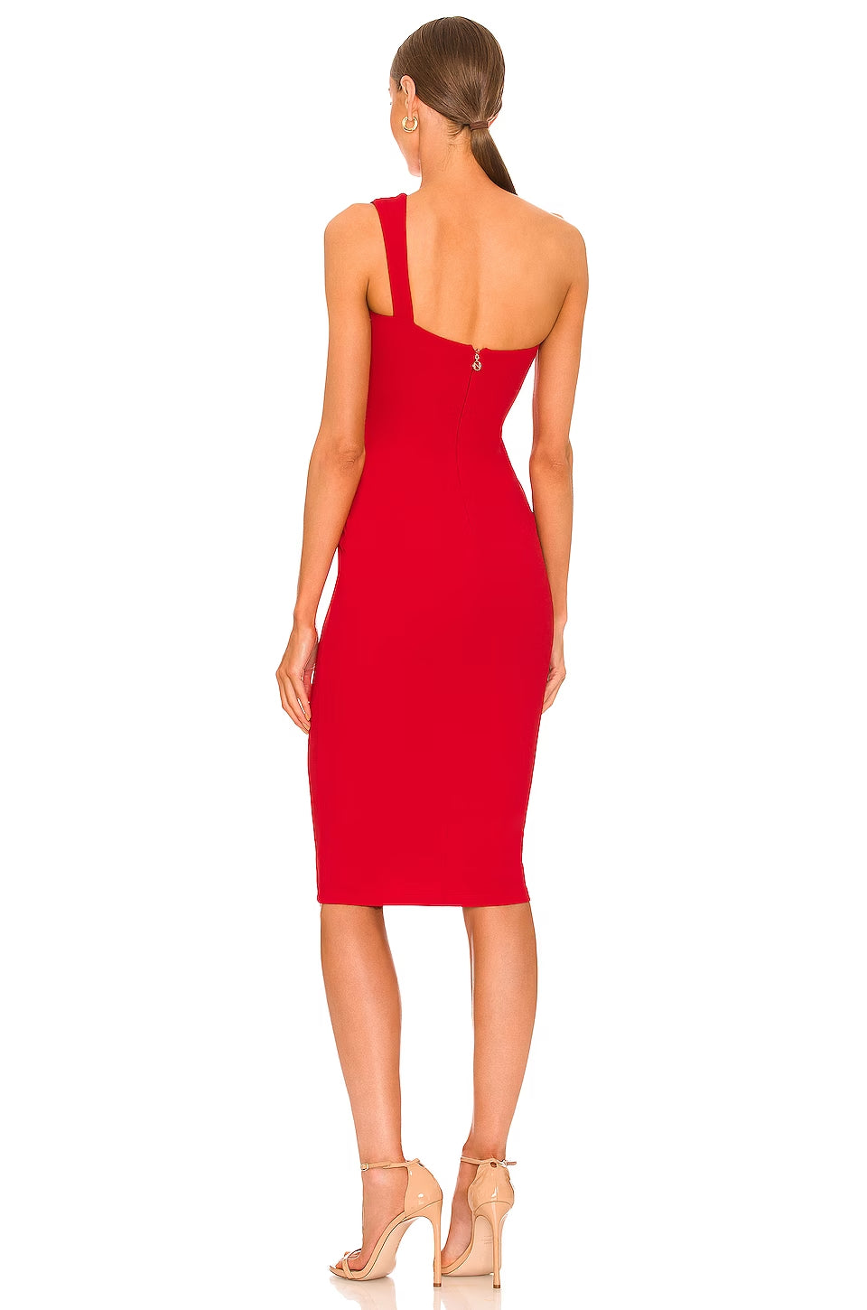 NOOKIE COCO MIDI Asymmetric Keyhole Cut-Out Dress - A modern and elegant asymmetric midi dress with double straps, a wrap detail at the center bust, and a gorgeous keyhole cut-out detail, perfect for New Year's Eve parties and cocktail events.