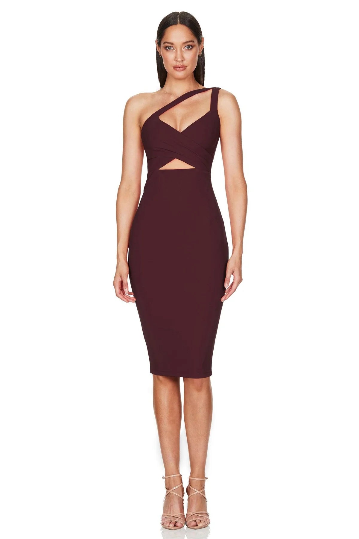 NOOKIE COCO MIDI Asymmetric Keyhole Cut-Out Dress - A modern and elegant asymmetric midi dress with double straps, a wrap detail at the center bust, and a gorgeous keyhole cut-out detail, perfect for New Year's Eve parties and cocktail events.