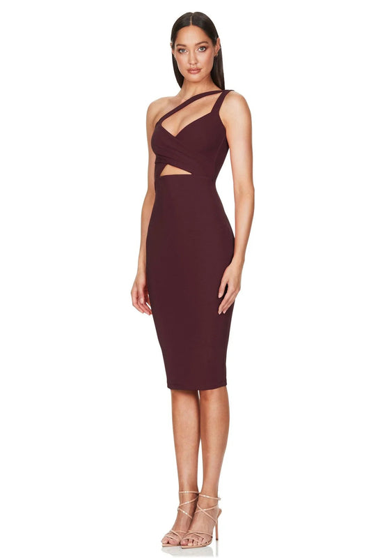NOOKIE COCO MIDI Asymmetric Keyhole Cut-Out Dress - A modern and elegant asymmetric midi dress with double straps, a wrap detail at the center bust, and a gorgeous keyhole cut-out detail, perfect for New Year's Eve parties and cocktail events.