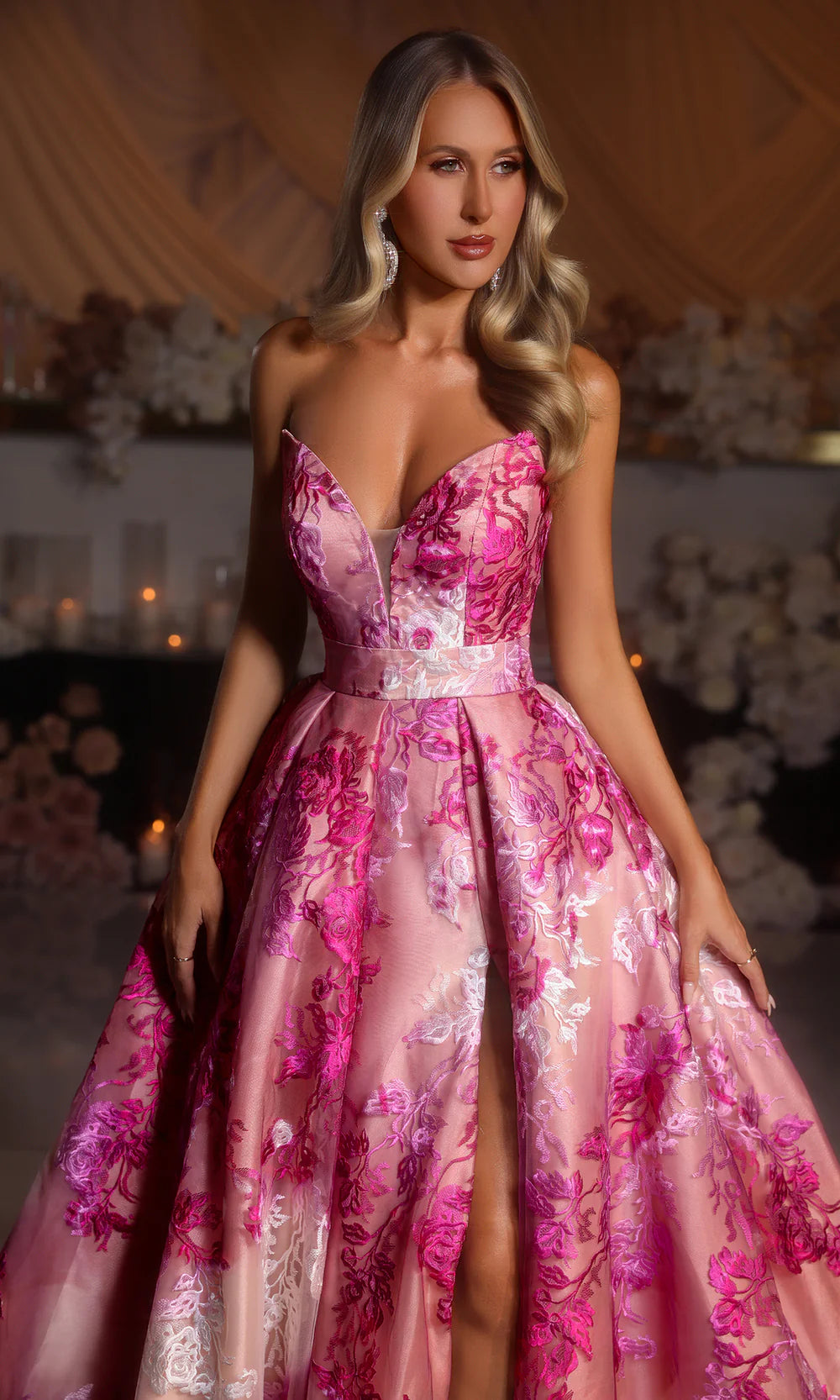 Portia & Scarlett - PS26075 - Floral A-Line Gown with High Slit