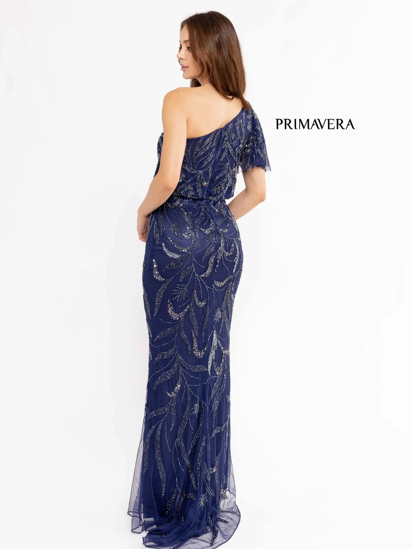 Primavera 13106 One-Shoulder Beaded Long Dress - Elegant gown featuring a one-shoulder design with intricate beadwork and a fitted silhouette.