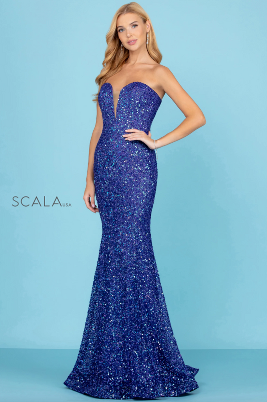 Scala 60093 Sequinned Sheath Silhouette Evening Dress - A captivating gown featuring sheer insets with sequins, perfect for evening events or prom.