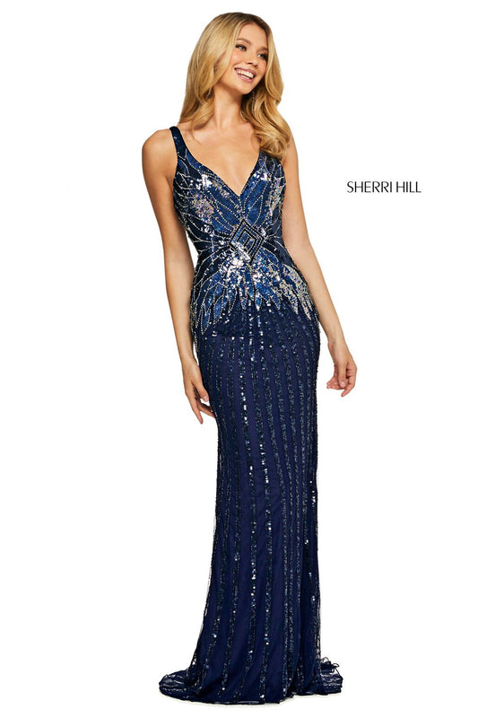 SHERRI HILL - 53593 - Pattern Beaded and Sequin Fitted Evening Gown
