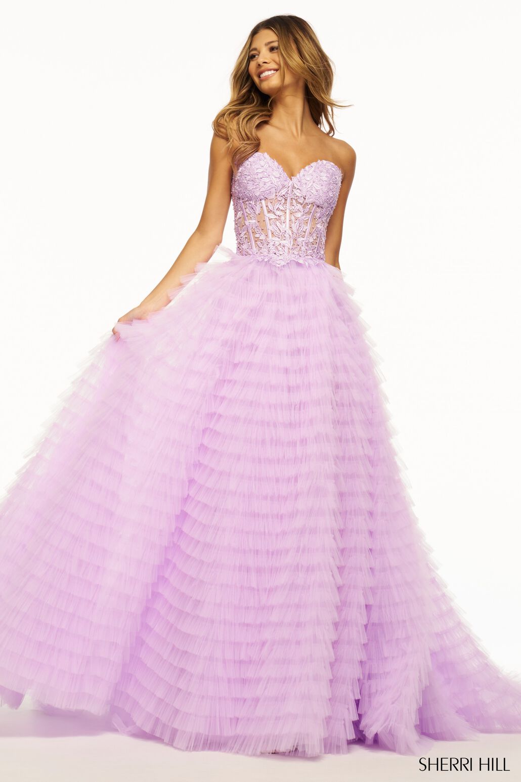 The Sherri Hill Strapless Ballgown with Leaf Lace Corset Bodice, a captivating choice for proms, formal occasions, or a magical quinceañera.