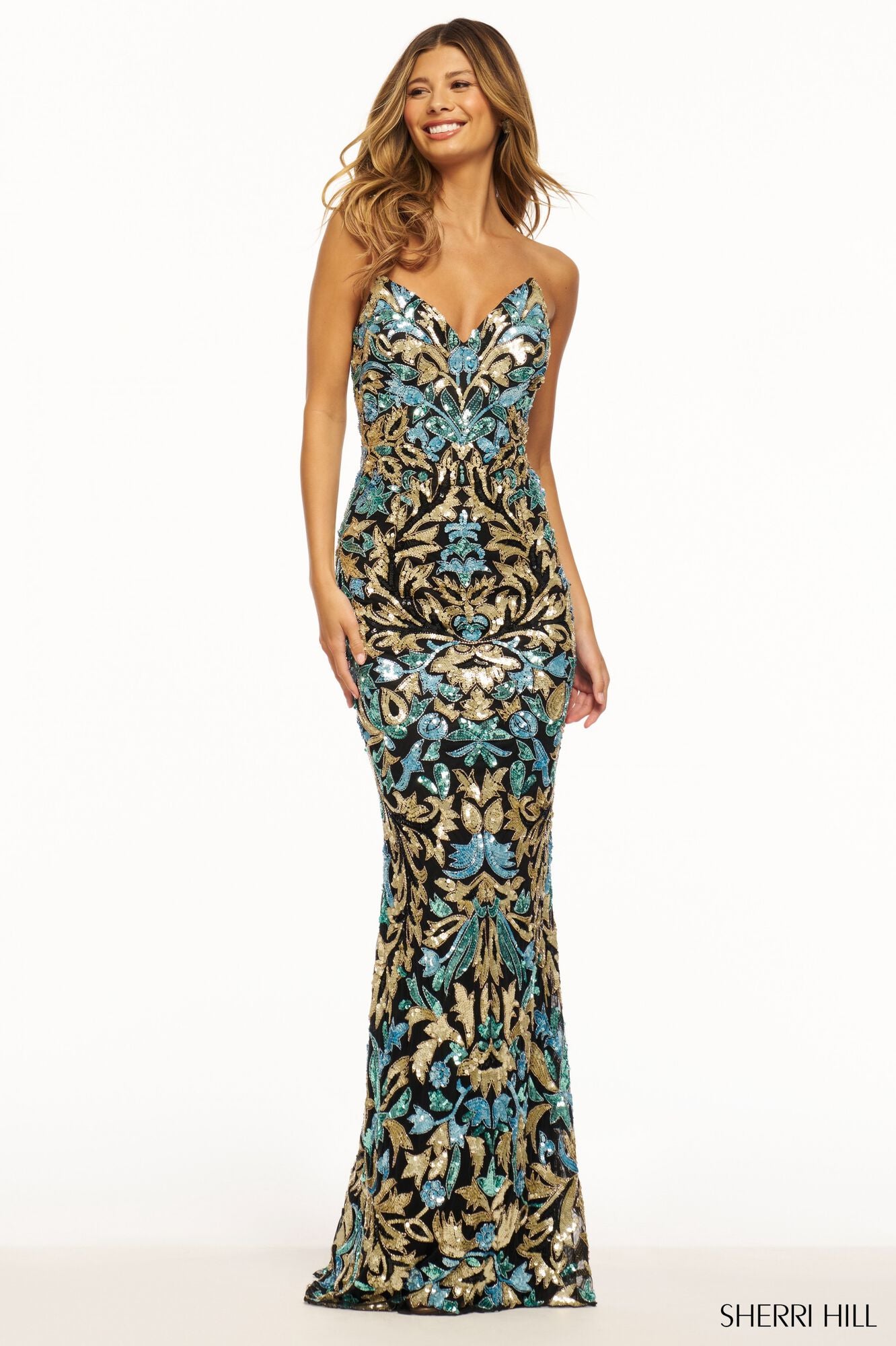 SHERRI HILL 56080 - A stunning strapless beaded gown with a sweetheart neckline, perfect for a glamorous and romantic look at prom or evening events. Front view of the dress.