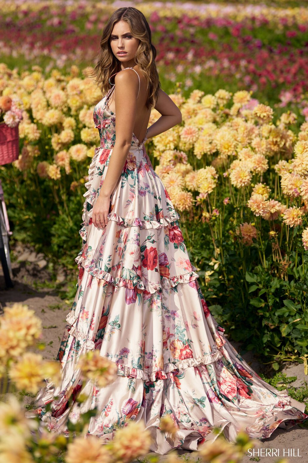 Sherri Hill 56256 Luxurious Satin Gown with Ruffle Embellishments - A stunning satin gown featuring cascading ruffle embellishments, perfect for formal evenings and prom nights.