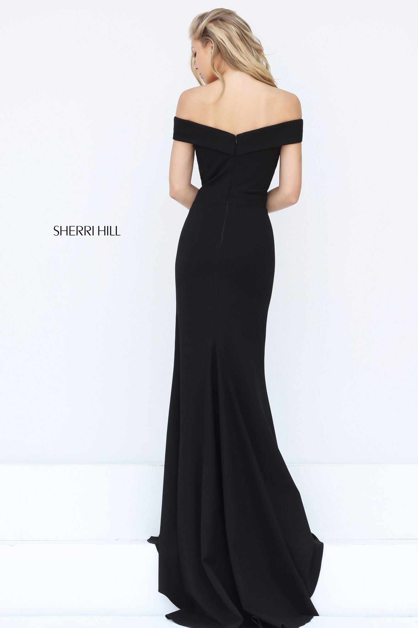 Sherri Hill 50824 Fitted Scuba Mermaid Gown with Off-the-Shoulder Neckline and Train