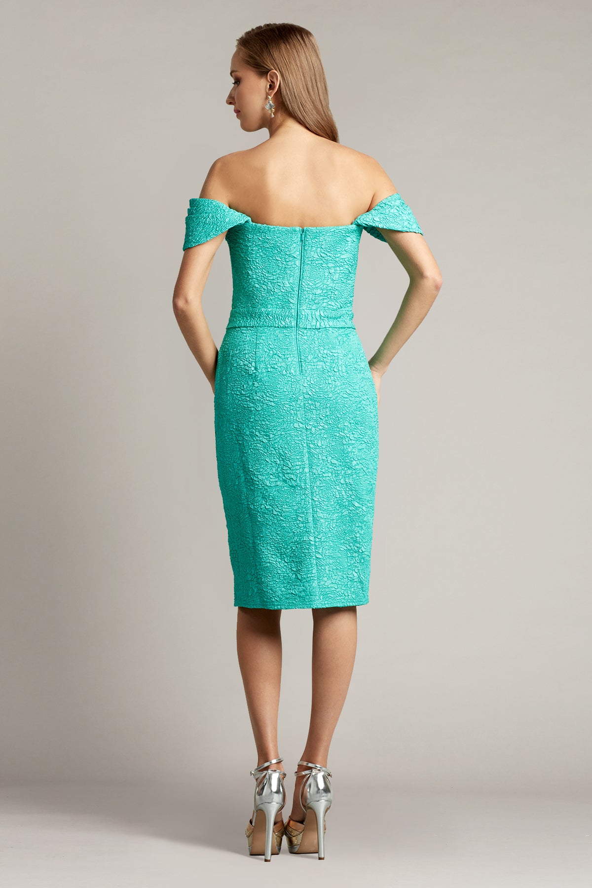 Tadashi Shoji BUA22235M Off-Shoulder Jacquard Dress - Elegant knee-length dress in green jacquard fabric featuring an off-the-shoulder design, front slit, and fitted bodice.