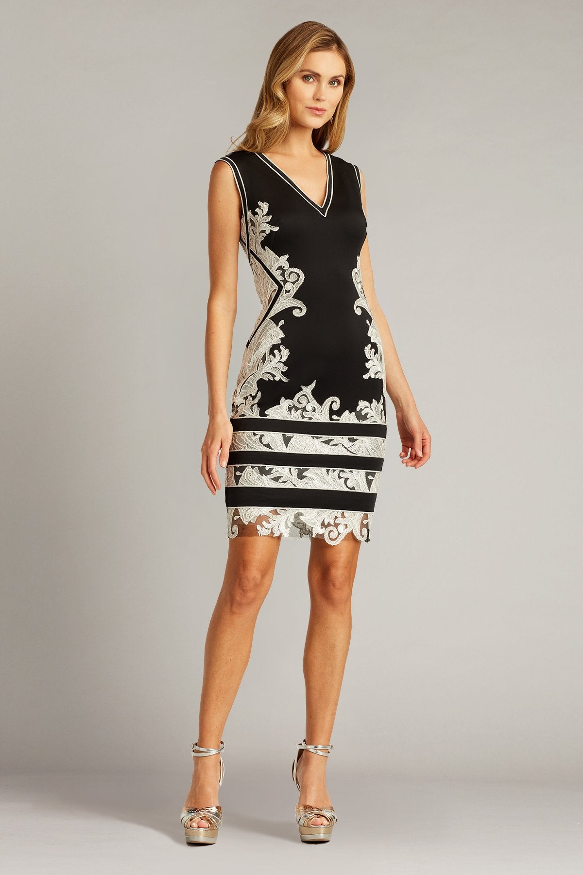 Tadashi Shoji BUE16246M Cord Embroidered Cocktail Dress - A sophisticated cocktail dress featuring contrast cord embroidery and crafted from luxurious neoprene material for modern elegance and comfort.