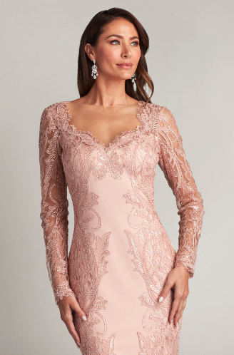 Tadashi Shoji CCA23269M Sparkly Embroidered Cocktail Sheath Dress, a glamorous dress with illusion sleeves and intricate sparkly embroidery, ideal for evening cocktail events.