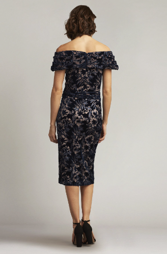 Tadashi Shoji CCG23316M Paillette Floral Devoré Velvet Sheath Dress, an elegant off-the-shoulder dress with floral devoré detailing, ideal for evening cocktail events.