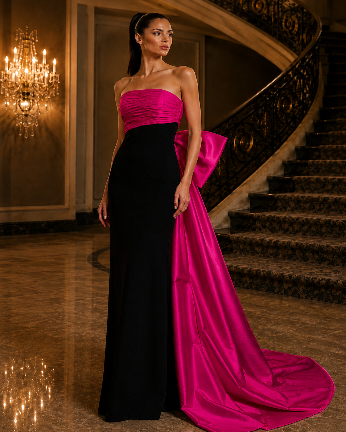 A woman models a strapless evening gown in a grand interior hallway with a staircase and chandelier. The dress has a black floor-length skirt and a bright fuchsia pink bodice and matching oversized bow detail on the back/side with a long flowing train.