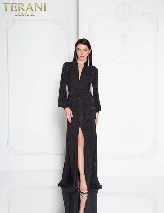 Terani 1812E6274 Long Sleeve Black Evening Gown - Long sleeve gown with low V neckline and beaded collar.