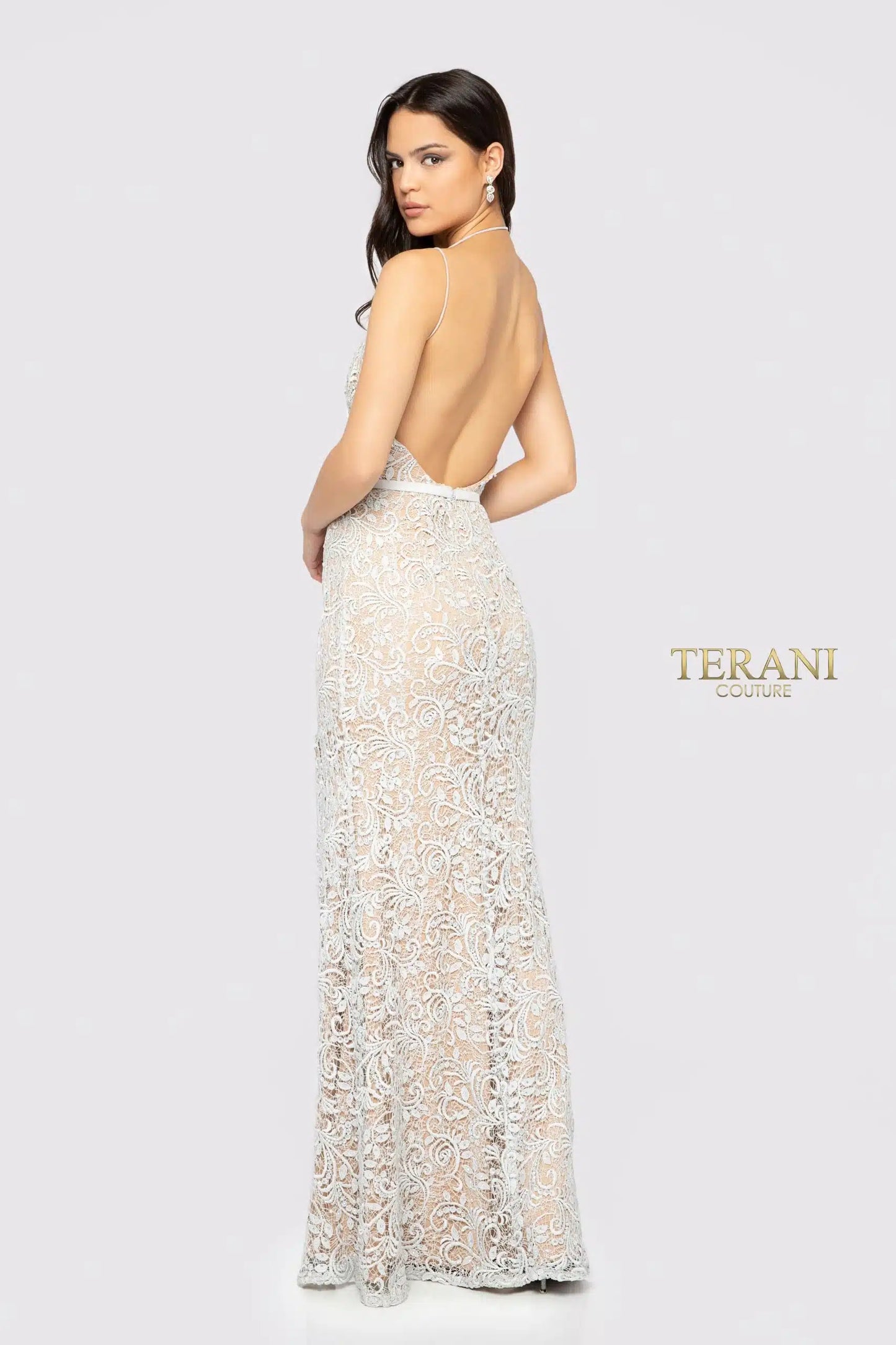 Terani 1912P8270 Elegant Lace Evening Gown - Features a halter neckline, open back, and intricate lace detailing, perfect for prom and formal evenings.