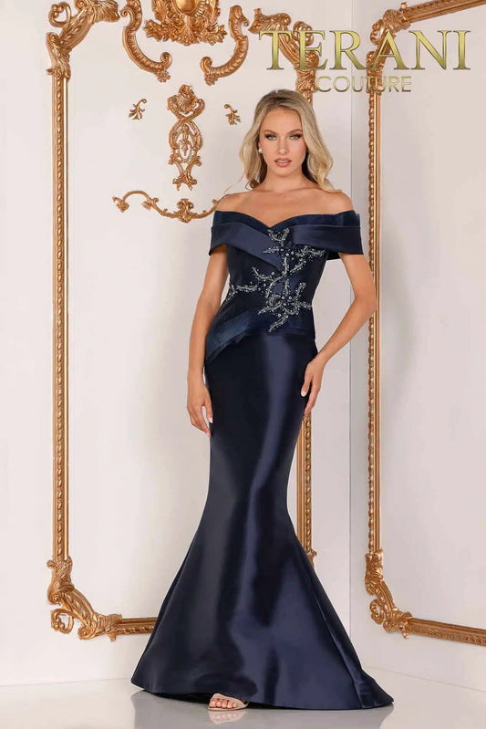 Terani 2011M2159 Tiered Folded Neckline Evening Dress - An elegant evening dress featuring a tiered folded neckline, perfect for evening events or mother of the bride or groom occasions.