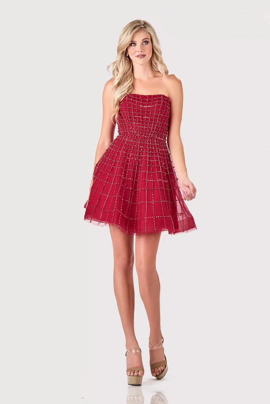 Terani 2111P4250 Embellished Strapless A-Line Dress - A glamorous tulle A-line dress with embellished bodice, strapless neckline, and open back, perfect for formal events.