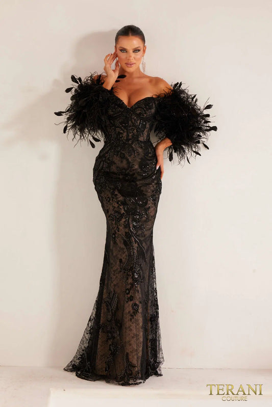 Terani 241E2479 Long Sleeve Black Nude Point D'esprit Evening Dress - A striking gown featuring long sleeves, asymmetrical embroidered details, and a trumpet column design, perfect for evening events or red carpet occasions.