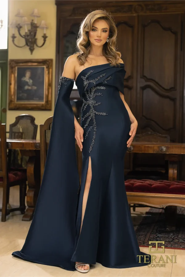 Terani 242M3311 One Shoulder Front Slit Trumpet Dress - Elegant gown featuring a one-shoulder design, front slit, and trumpet silhouette in Stretch Mikado fabric with intricate embellishments. Model is wearing Navy.