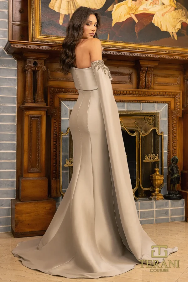 Terani 242M3311 One Shoulder Front Slit Trumpet Dress - Elegant gown featuring a one-shoulder design, front slit, and trumpet silhouette in Stretch Mikado fabric with intricate embellishments. Model is wearing Taupe.