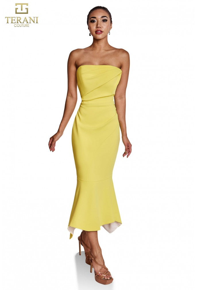 Terani 251C4173 Strapless Draped Mermaid Gown in lemon-ivory - front View.
