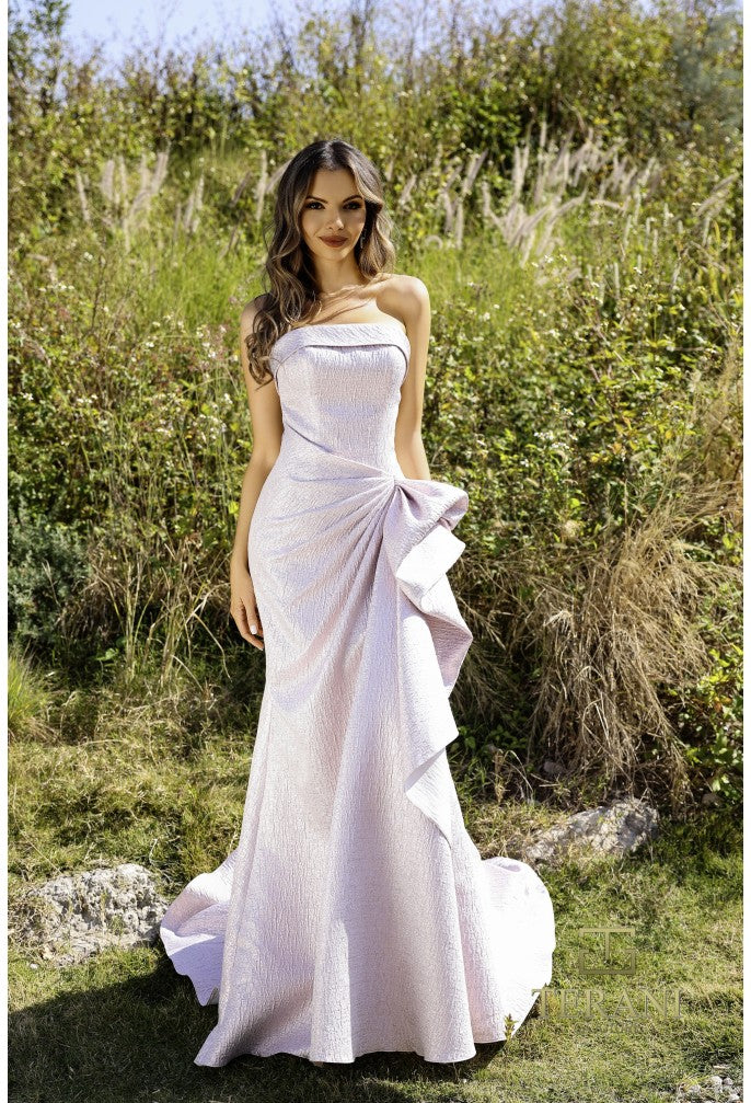 Model wearing Terani 252E5200 strapless metallic jacquard fit and flare gown with side draping detail.