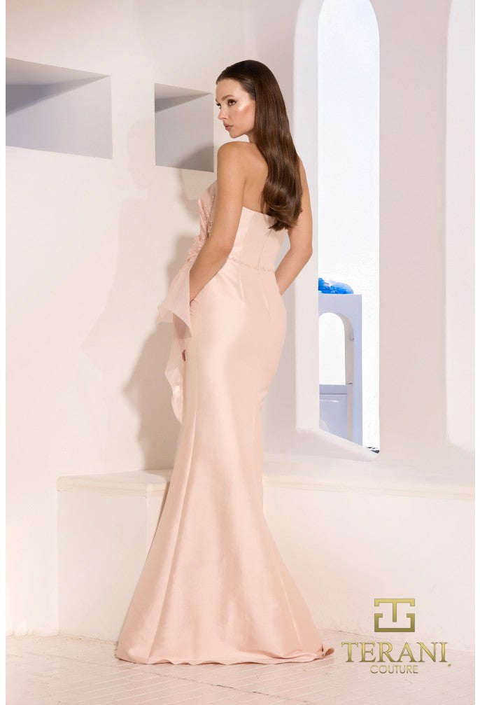 Model wearing Terani Couture 252E5550 strapless gown with peplum detail and mermaid silhouette on the beach. Model is wearing the dress in the color blush. Back View.