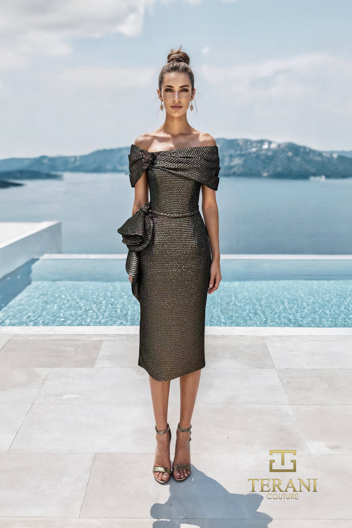 Model wearing Terani 261C6523 off-shoulder sheath dress with draped neckline and side bow detail.