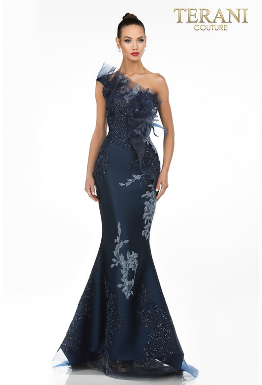 Navy blue evening gown with floral embroidery on a white background, featuring the Terani Couture brand.