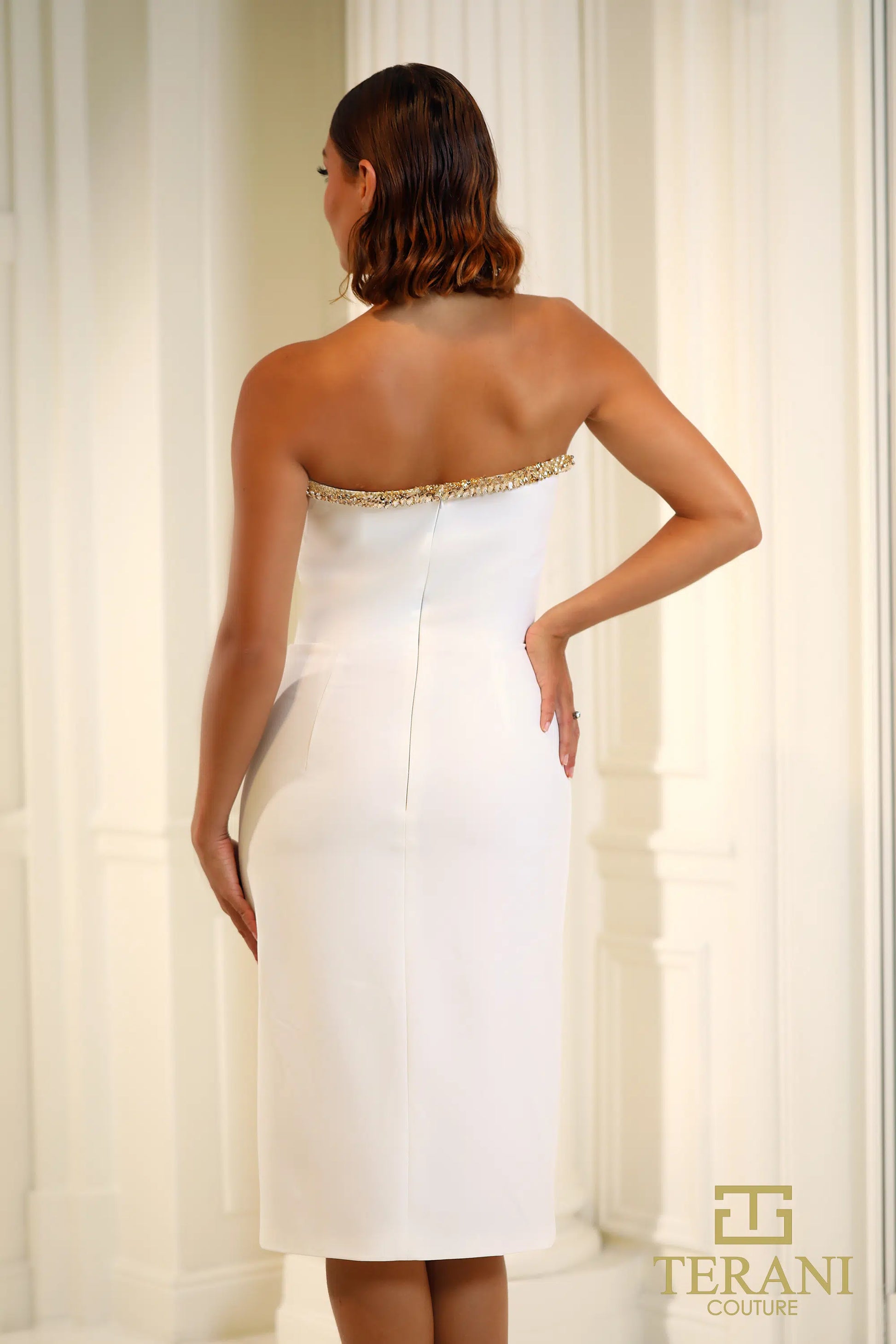 Terani Couture 251C4165 strapless crepe midi dress in ivory/gold.   Back View.