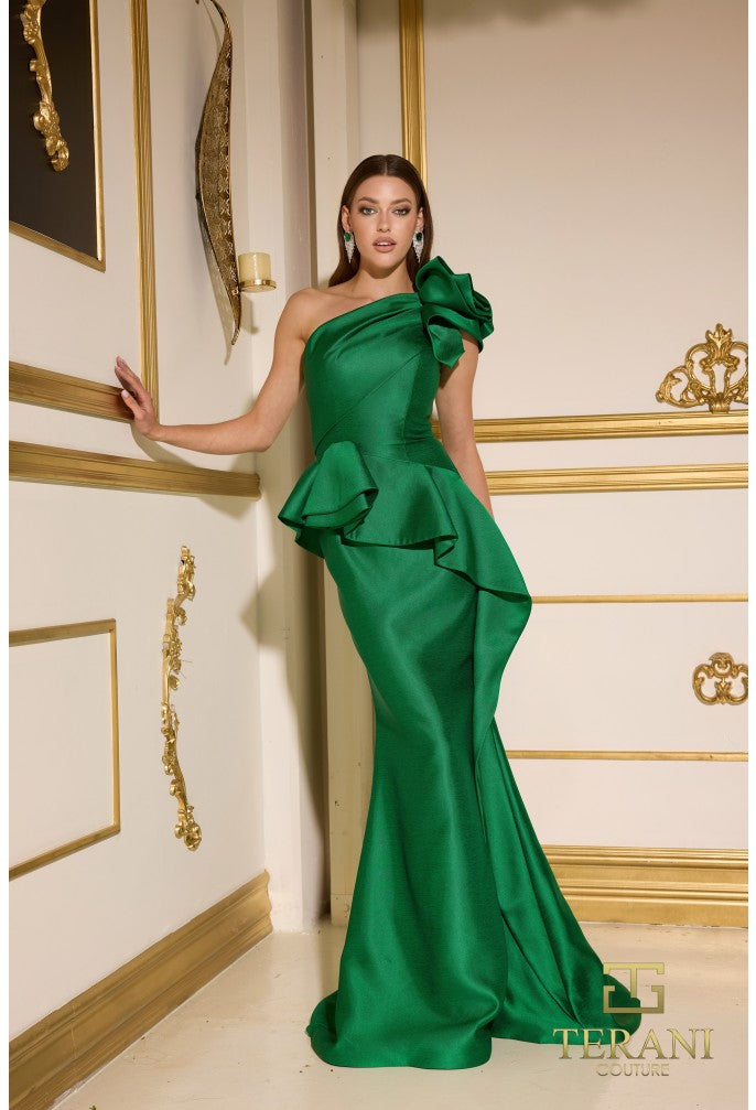 Model wearing Terani Couture 252E5546 fit and flare gown with one-shoulder design and peplum detail, ideal for formal evening or Mother of the Bride occasions.