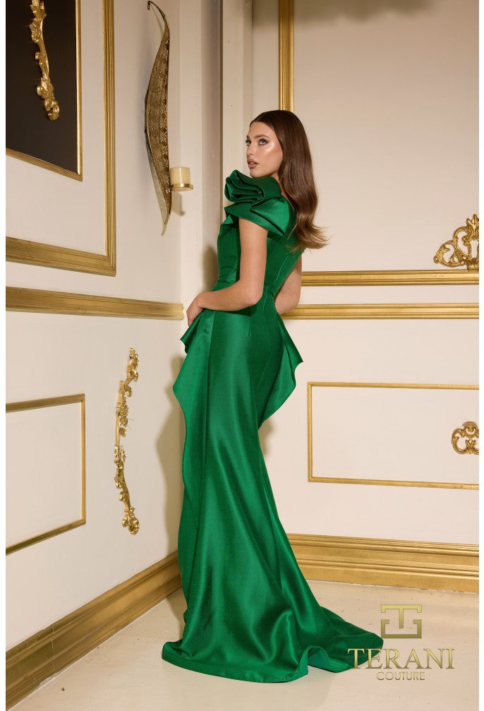 Model wearing Terani Couture 252E5546 fit and flare gown with one-shoulder design and peplum detail, ideal for formal evening or Mother of the Bride occasions.