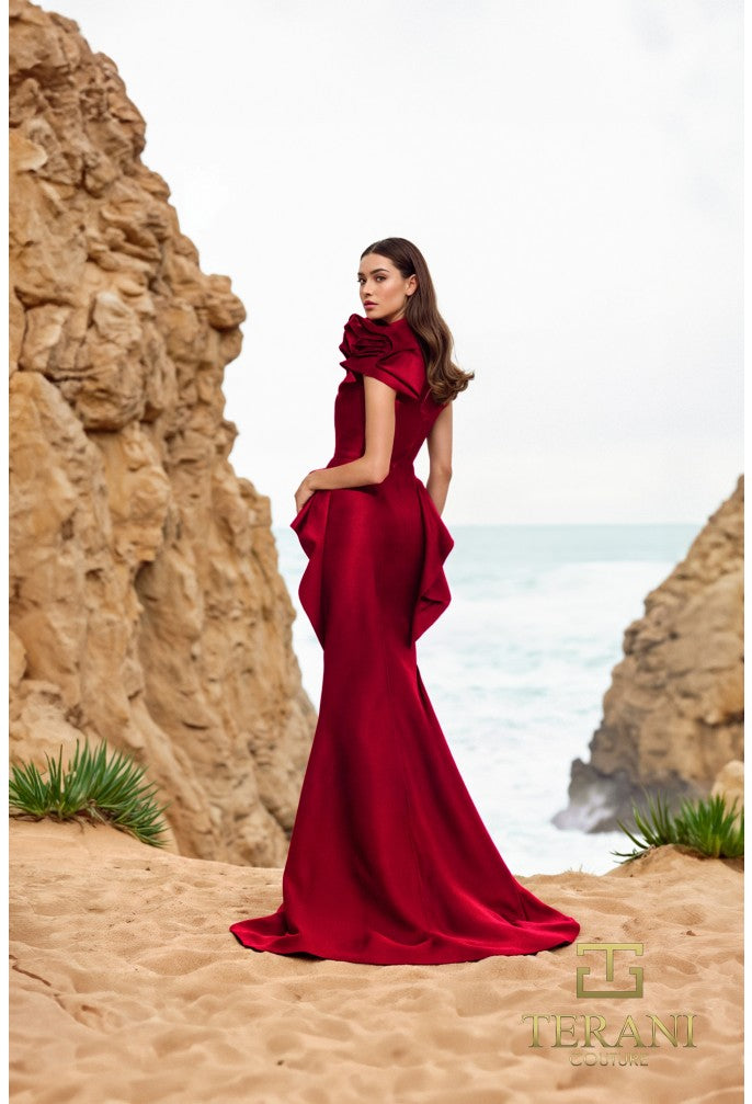 Model wearing Terani Couture 252E5546 fit and flare gown with one-shoulder design and peplum detail, ideal for formal evening or Mother of the Bride occasions.