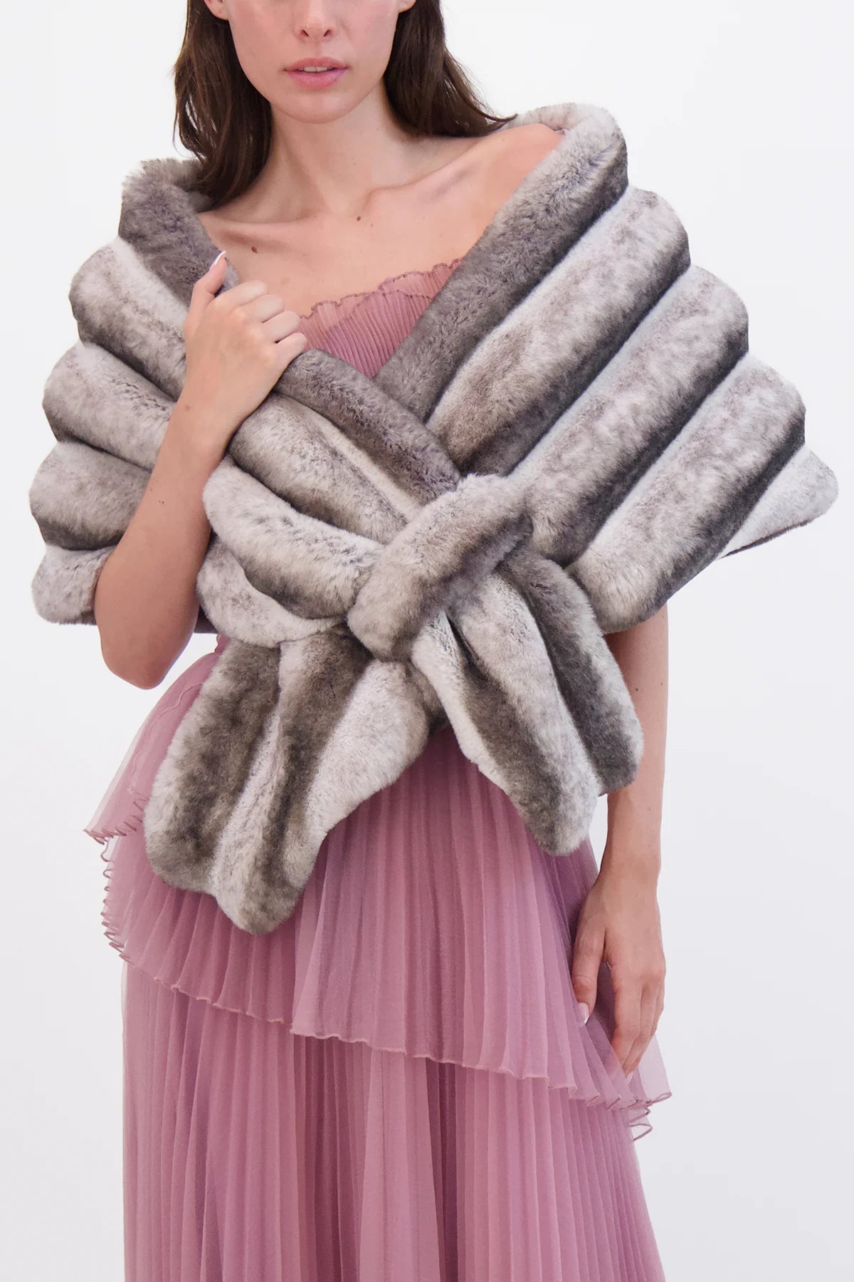 Theia 8890009 Fur-Free Chinchilla Stole – Luxurious cruelty-free design, perfect for formal evening attire, offering elegance and warmth.