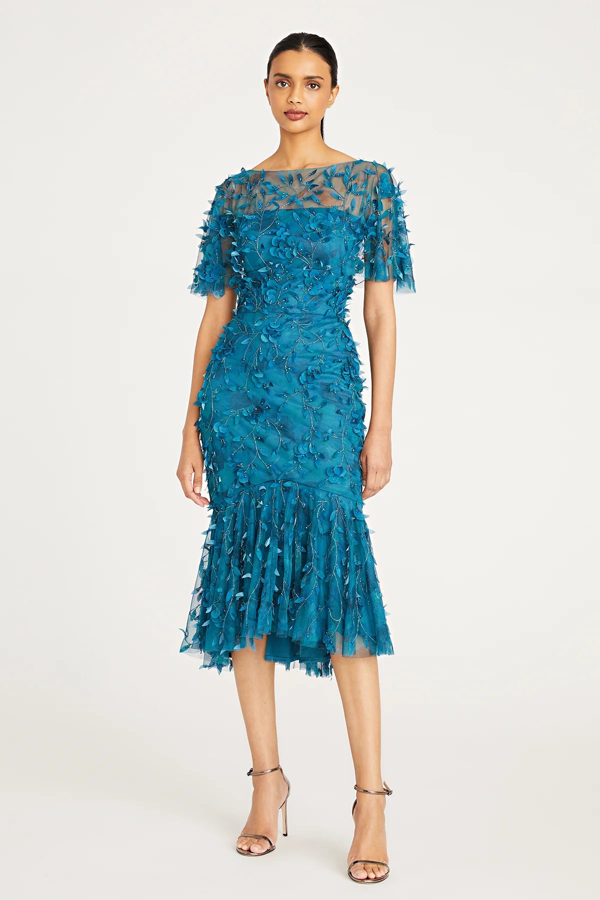 Theia Sloane Petal Cocktail Dress in Deep Sea - Flutter sleeve, beaded, fit-and-flare silhouette. Perfect for evening events.