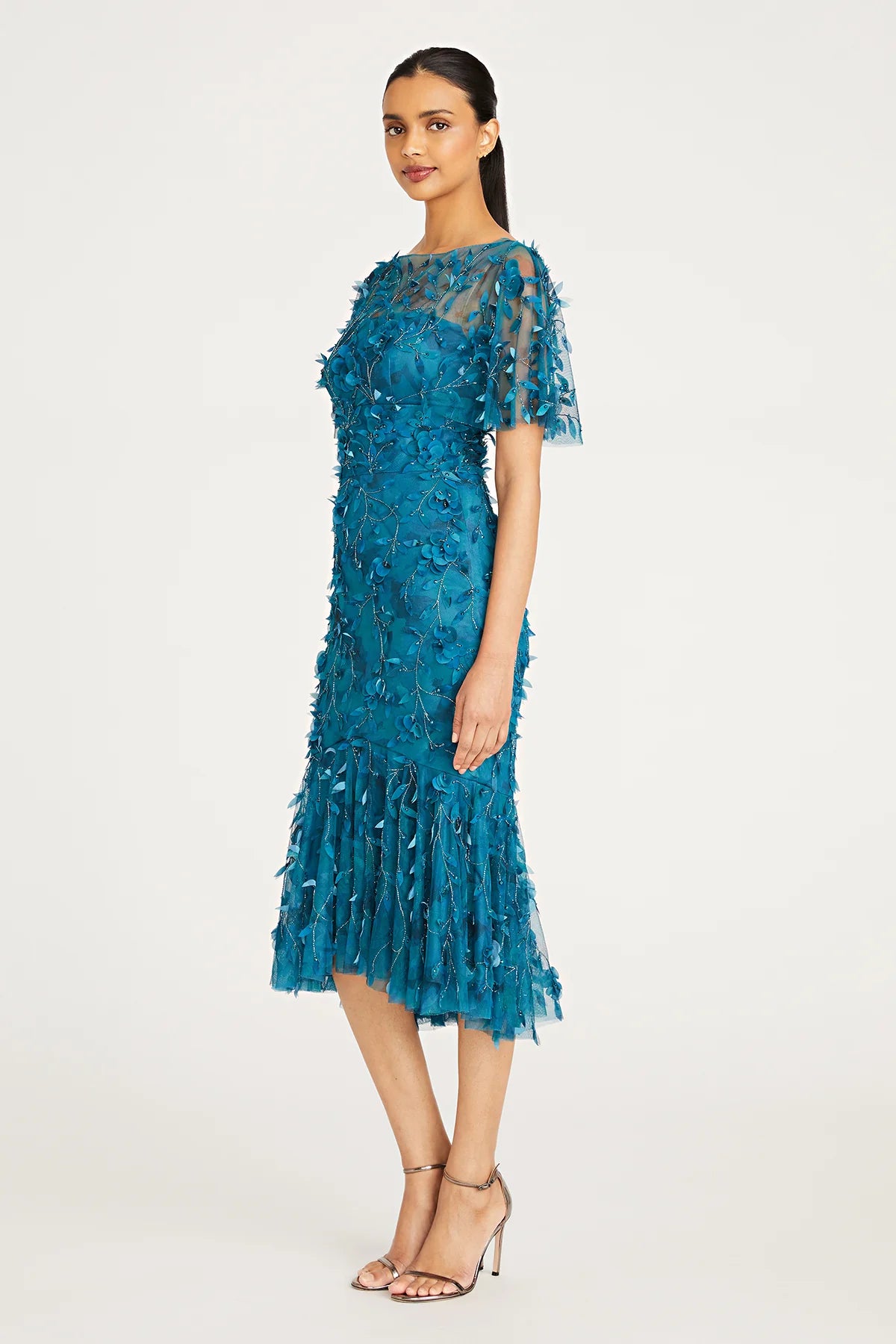 Theia Sloane Petal Cocktail Dress in Deep Sea - Flutter sleeve, beaded, fit-and-flare silhouette. Perfect for evening events.