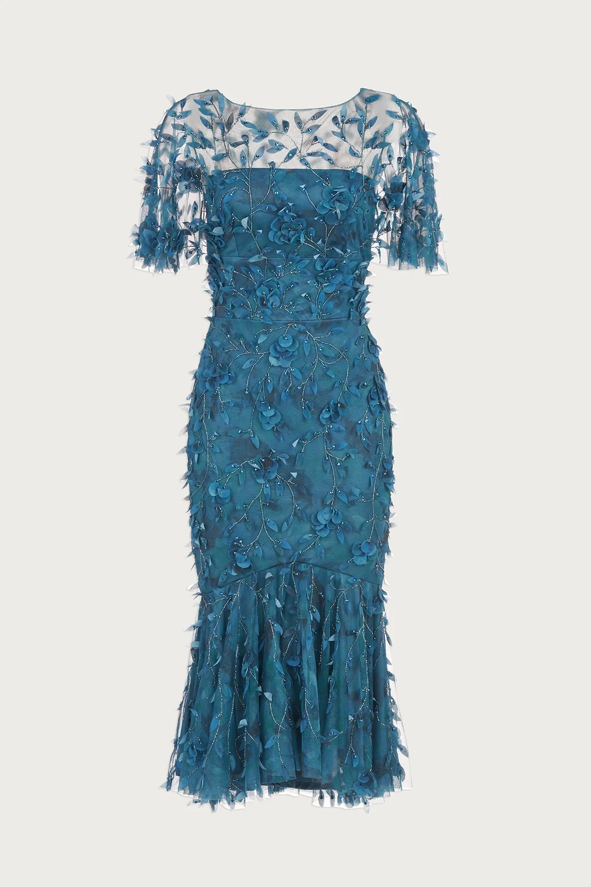 Theia Sloane Petal Cocktail Dress in Deep Sea - Flutter sleeve, beaded, fit-and-flare silhouette. Perfect for evening events.