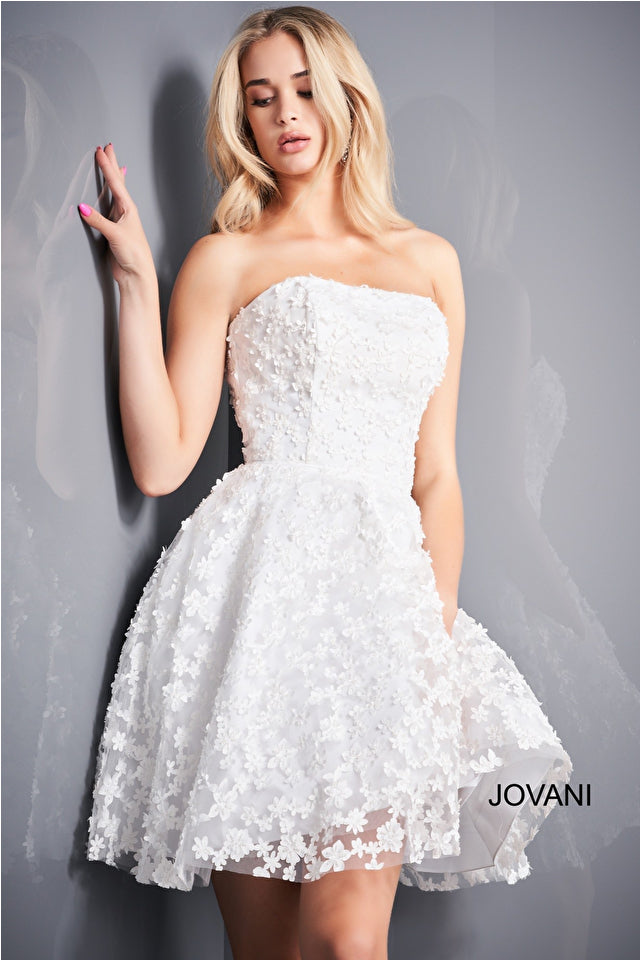 Jovani 02564 Strapless Floral Embroidered Short Dress – A-line fit-and-flare design with intricate floral embroidery and a strapless bodice.