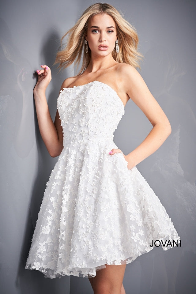 Jovani 02564 Strapless Floral Embroidered Short Dress – A-line fit-and-flare design with intricate floral embroidery and a strapless bodice.
