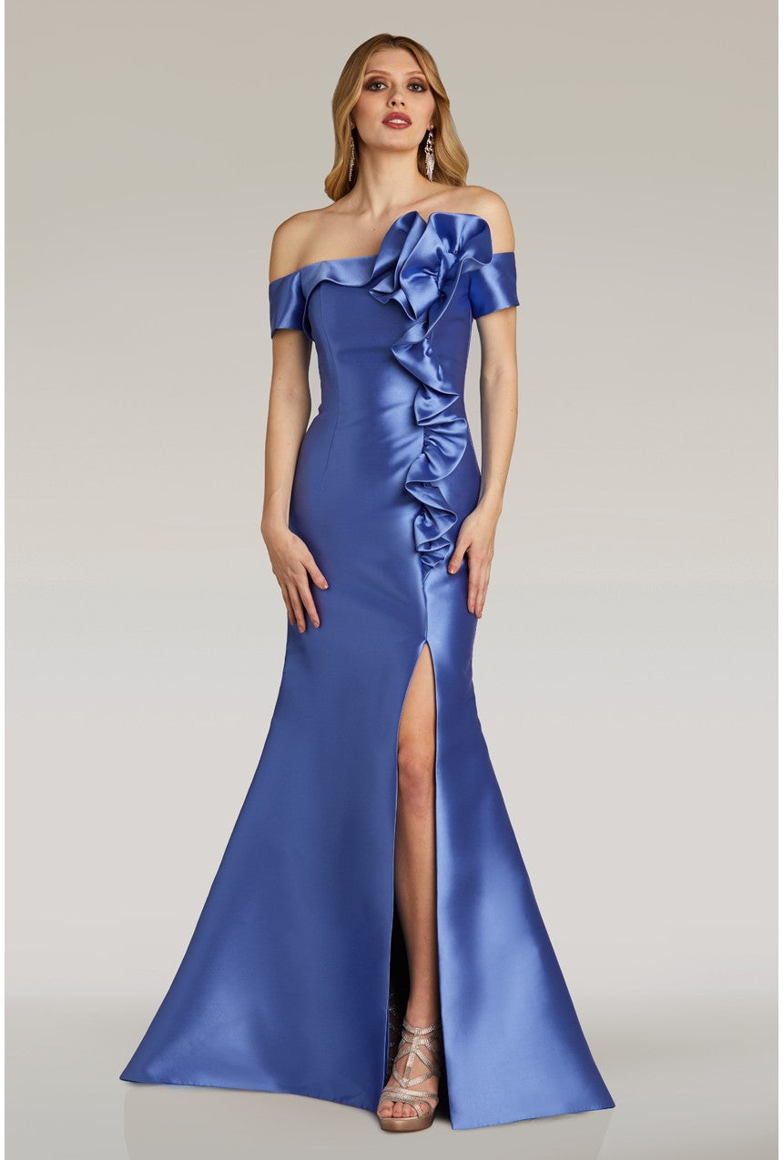Gia Franco 12313 Off-Shoulder Mikado Mermaid Evening Dress - A stunning gown featuring an off-shoulder neckline, ruffle trim accent, mermaid silhouette, and slit for elegance and allure.