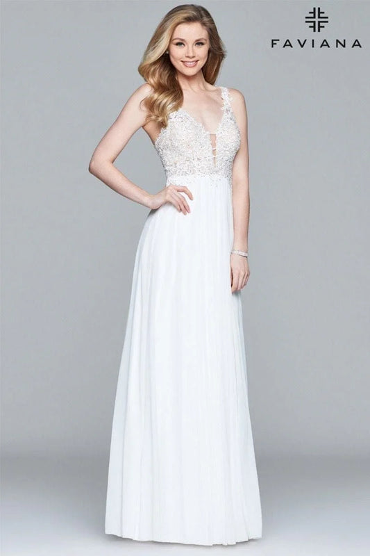 Faviana 8000 Long Mesh V-Neck Dress with Lace Appliqué - Long mesh dress with v-neckline and delicate lace appliqué.