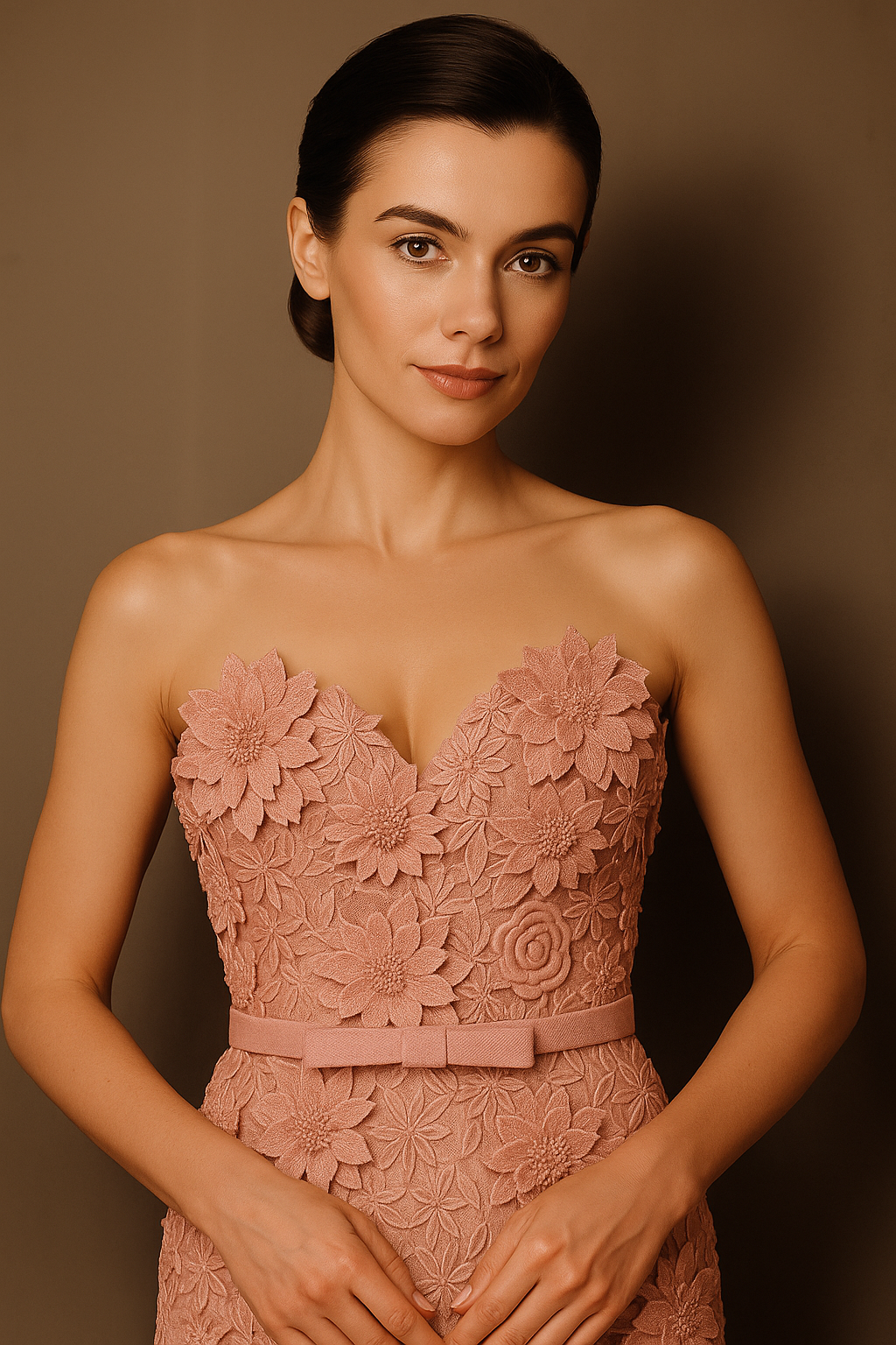 Model wearing Madeline’s Amiri strapless gown featuring 3D floral detailing, fitted silhouette, and slim belt in the color pink/pink.  Close up.
