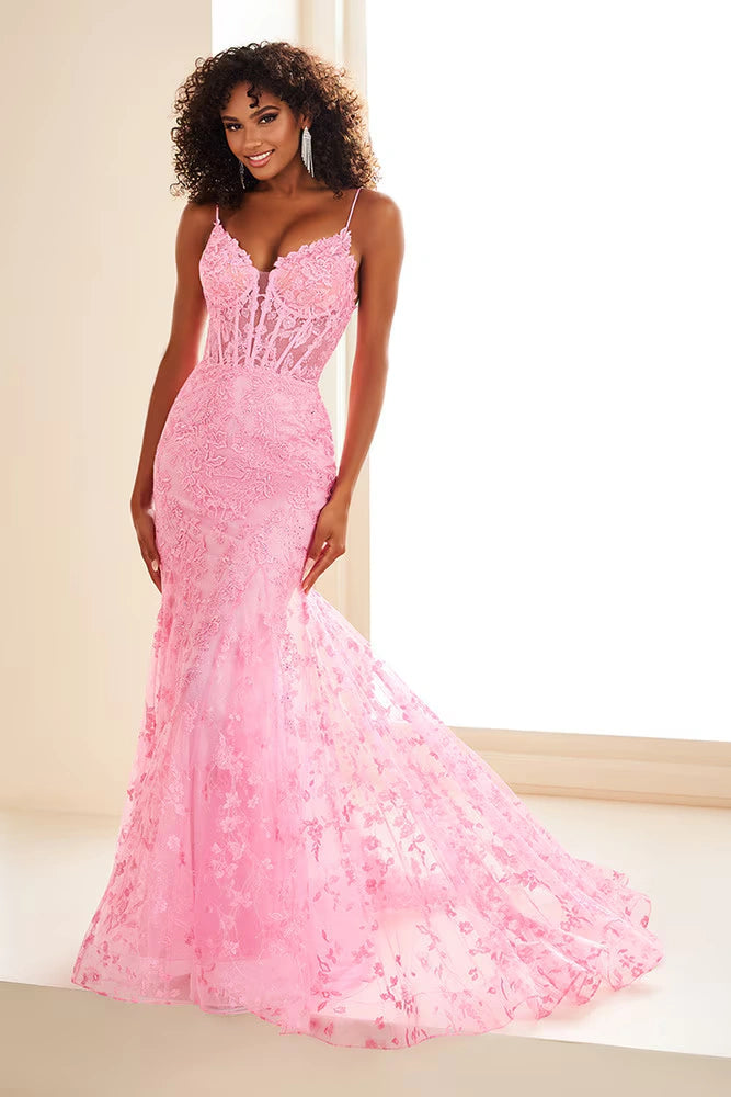 Ellie Wilde EW36008 Corset Bodice Gown in light yellow with lace-up back and glitter tulle details. Perfect for prom.  Model is wearing the dress in the color candy pink.