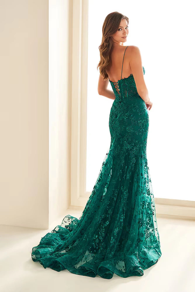 Ellie Wilde EW36008 Corset Bodice Gown in light yellow with lace-up back and glitter tulle details. Perfect for prom.  Model is wearing the dress in the color emerald.  Back view.