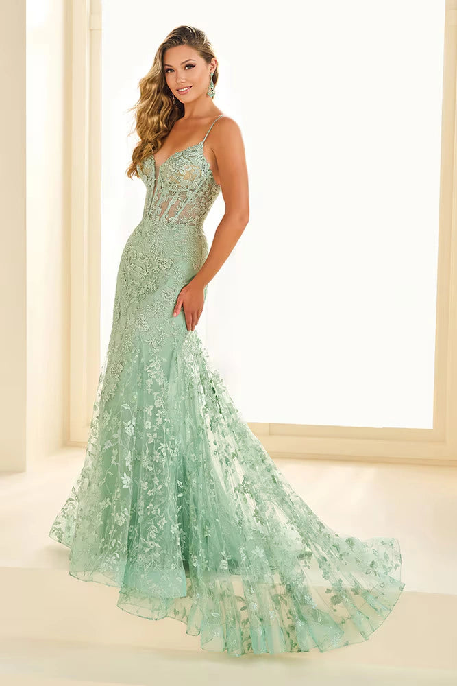 Ellie Wilde EW36008 Corset Bodice Gown in light yellow with lace-up back and glitter tulle details. Perfect for prom.  Model is wearing the dress in the color sage.